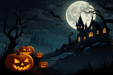 Halloween night scene with haunted castle and pumpkins