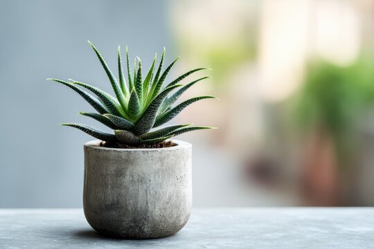 Small potted aloe vera succulent plant with textured leaves on a concrete surface in bright indoor light showcasing vibrant green hues - Powered by Adobe