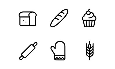 Minimalist bakery icons: bread, pastry, baking tools in linear style