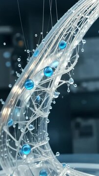 Abstract representation of fluid dynamics with transparent tubes and blue spheres in a lab setting
