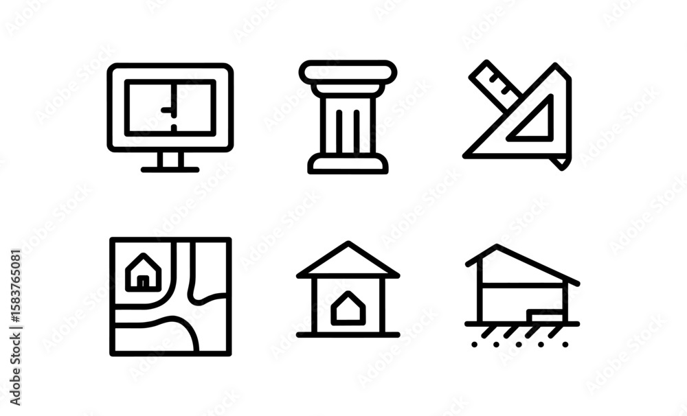 Fototapete Abstract architectural icons set with linear design on black background