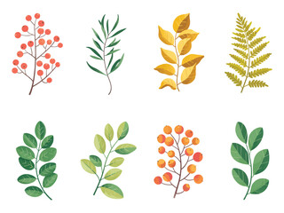 Naklejka premium Set of Autumn Foliage Branches with Red Berries and Leaves – Vector Collection of Botanical Design Elements in Flat Style for Seasonal and Floral Illustrations 
