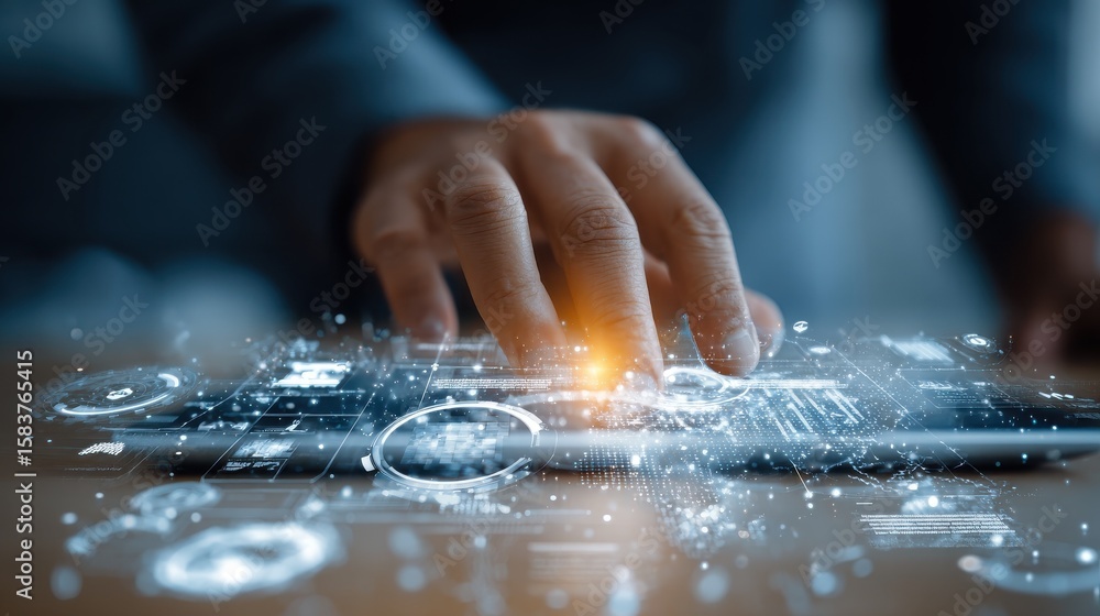 Poster top view of businessman hand working with modern technology and digital layer effect as business str