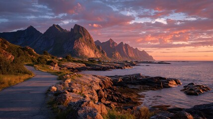 Fototapeta premium road by the sea in sunrise time, Lofoten island, Norway, no logos, no brands