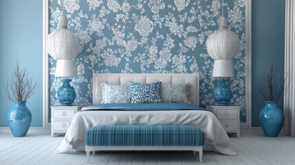 Relaxing bedroom interior with white and blue decorations, double bed and wallpaper, no logos, no brands