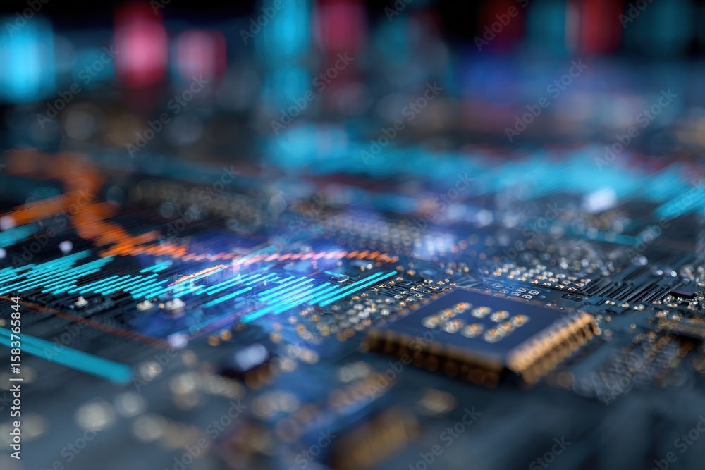 Poster visual representation of financial analytics overlaid on electronic circuits showcasing data trends 