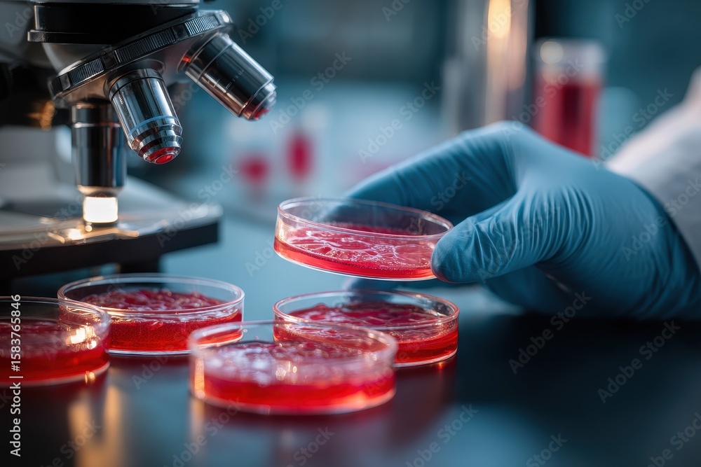 Poster laboratory scientist in protective gloves examining samples under a microscope during a scientific r