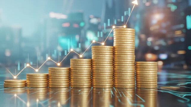 Golden coin stacks illustrating financial growth with digital chart overlay ideal for financial success articles or business investment templates