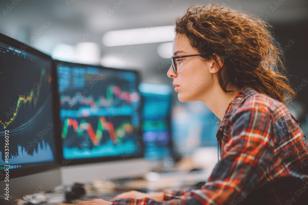 Poster woman analyzes complex data on multiple computer screens in a modern office setting during the day