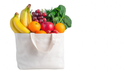 Eco bag with fresh fruits and vegetables isolated on a white background, png, transparent