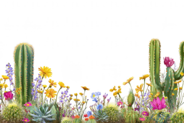Colorful cacti and wildflowers border the isolated white background, png, transparent