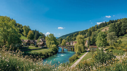 Fototapeta premium River flowing under an ancient bridge in a mountain village