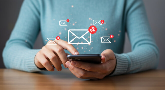 Woman checks email inbox on smartphone, managing digital communications