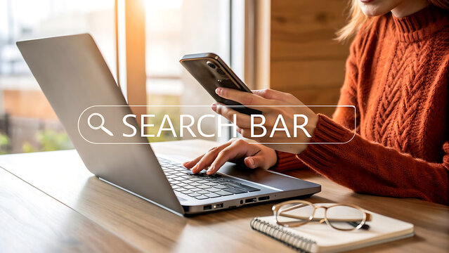 Woman using laptop and smartphone with search bar overlay for online research
