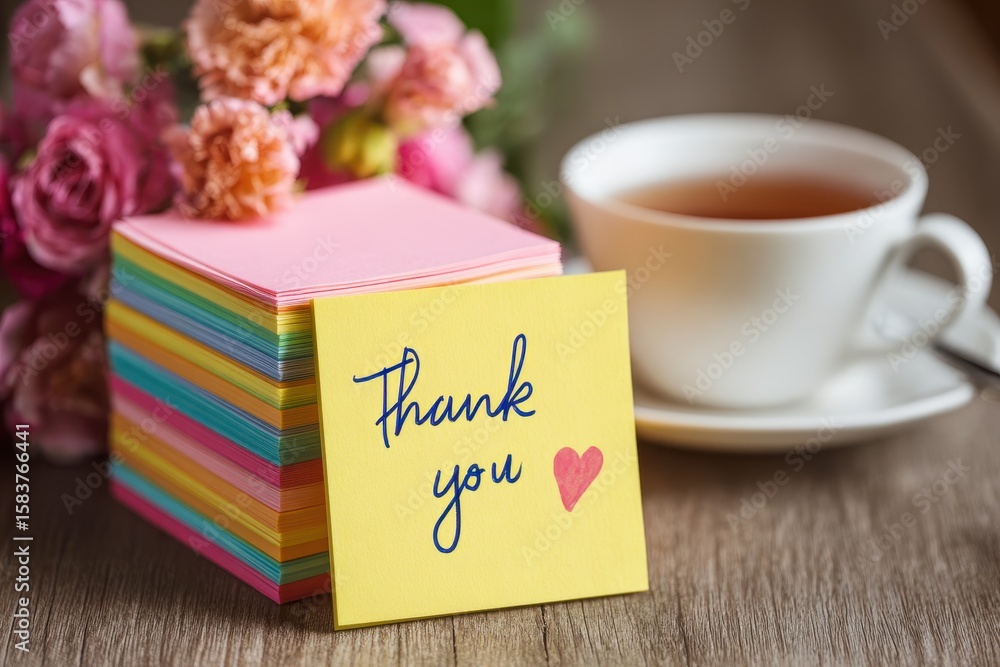 Poster handwritten thank you message on a yellow sticky note with colorful notepad and tea in a cozy settin