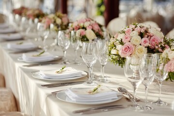 Elegant banquet table set for a formal evening event featuring beautiful floral centerpieces and fine dining ware