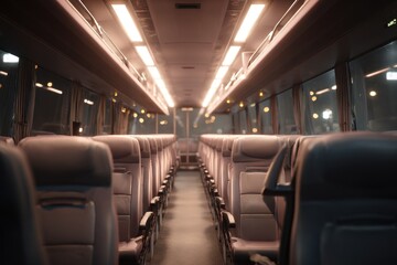 Fototapeta premium Empty bus interior at night with rows of vacant seats and subtle lighting creating a quiet atmosphere for potential travelers