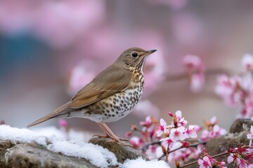 Brown spotted thrush perched gracefully on snow-covered surface amidst blooming cherry blossoms in early spring setting