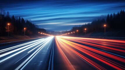 Fototapeta premium Long exposure of a road with light trails of passing vehicles at night