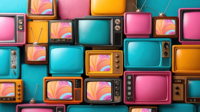 Colorful Retro Television Stack with Vintage Style, Vibrant Screens, Nostalgic Display, Playful Arrangement, and Creative Home Decor Featuring Retro