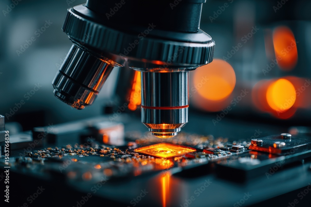 Poster microscope lens examining electronic circuit board with illuminated details in a laboratory setting