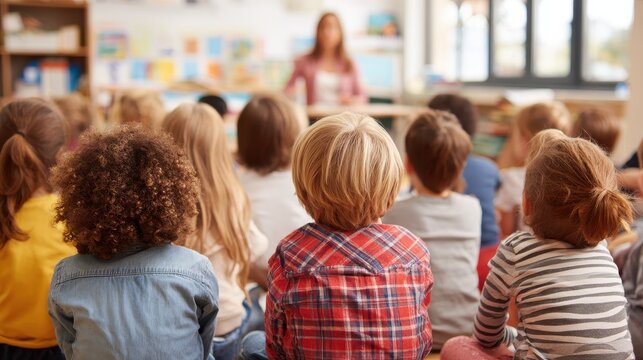 education, elementary school, learning and people concept - group of school kids sitting and listening to teacher in classroom from back, no logos, no brands