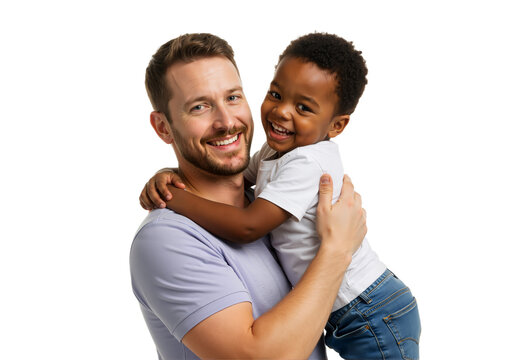 Father and adopted Black son hugging warmly in pastel outfits, full-body on clean white background, PNG format