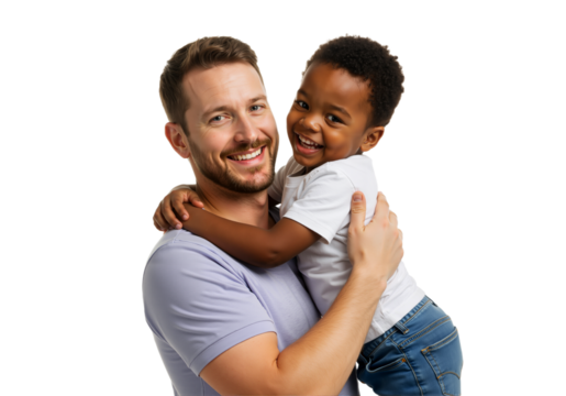 Father and adopted Black son hugging warmly in pastel outfits, full-body on clean white background, PNG format