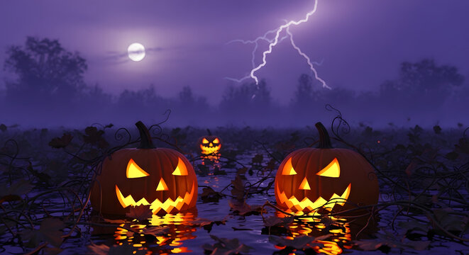 Scary halloween pumpkins glow in a foggy field under a stormy night sky