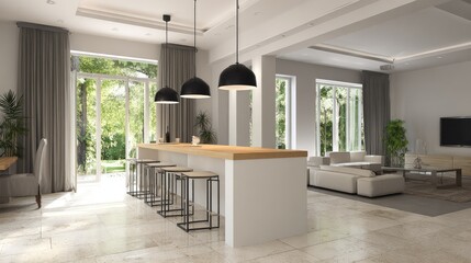 Fototapeta premium Open-plan kitchen and living area with large windows.