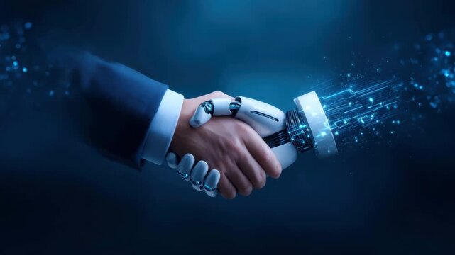 Human robot handshake technology partnership artificial intelligence business futuristic collaboration digital innovation glowing symbolizing - Powered by Adobe