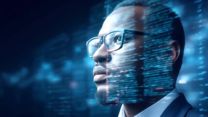 Confident businessman with glasses embracing digital data streams, futuristic technology and innovation concept, blue neon light, showcasing modern - Powered by Adobe