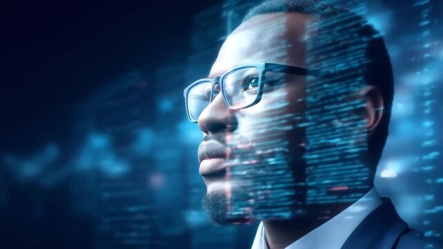 Confident businessman with glasses embracing digital data streams, futuristic technology and innovation concept, blue neon light, showcasing modern - Powered by Adobe