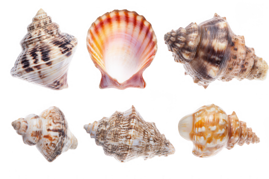 Set of various sea shells isolated on a white background, png, transparent