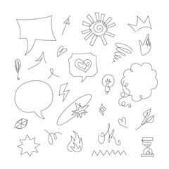 Hand-drawn one line doodles featuring speech bubbles, hearts, lightning bolts, stars, arrows, crowns, flowers, and abstract symbols. Creative projects, social media graphics, stickers.