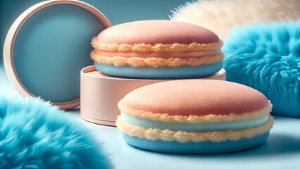 Skincare or beauty accessories styled as colorful macarons with fluffy textures. Trendy image for cosmetic branding, social media, or product mockups.
