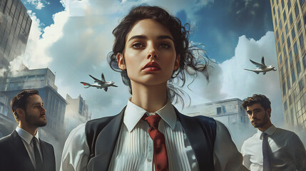 Powerful Businesswoman Leading Team in Cityscape with Airplanes