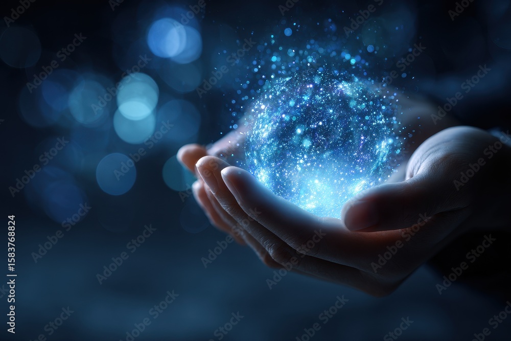 Poster glowing blue sphere of light particles floating gently above cupped hands in a dark ambient surround