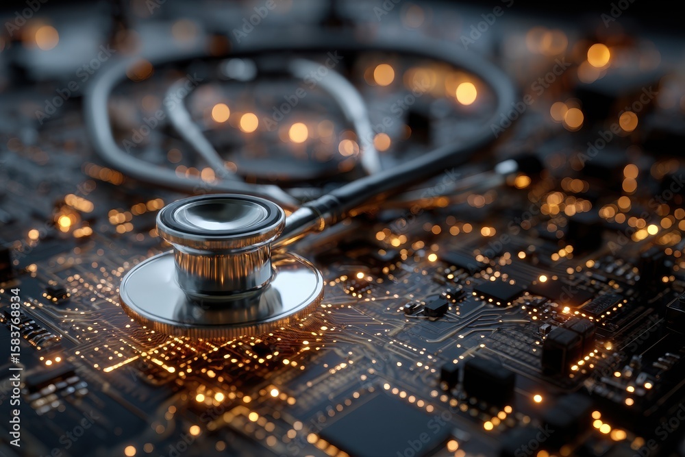 Poster medical stethoscope resting on a computer circuit board illuminated by glowing lights in a modern he