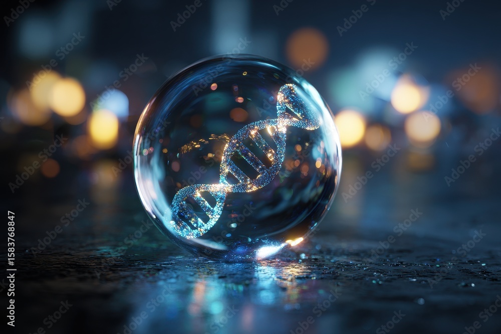 Poster glowing dna helix structure encased in transparent crystal orb with soft lighting and blurred backgr