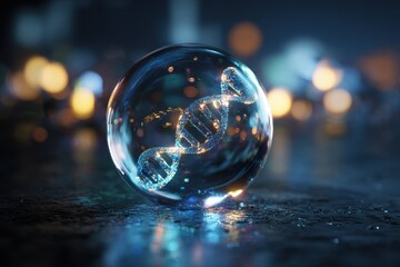 Glowing DNA helix structure encased in transparent crystal orb with soft lighting and blurred background
