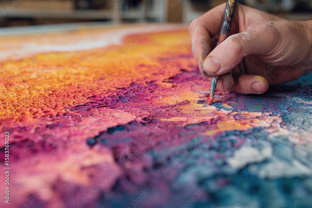 Poster vibrant abstract artwork in progress as an artist enhances texture and color with detailed brushwork