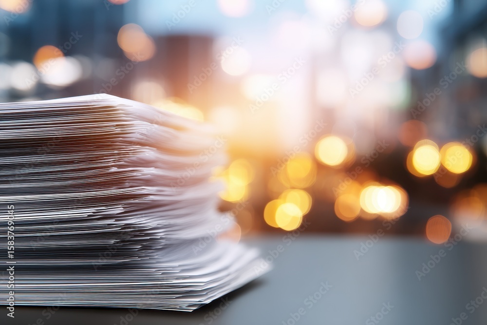 Poster stack of paper documents and files layered on a desk with a blurred cityscape backdrop showcasing wa