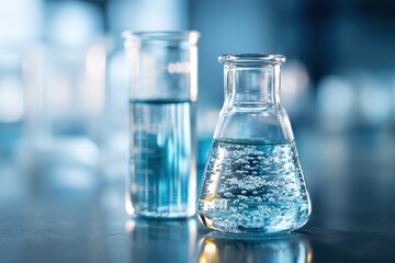 Cosmetic essence liquid bubbles in glass flasks on a laboratory table illuminated by soft lighting during a research session