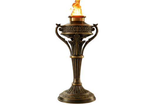 Isolated Ornate Golden Torch with Burning Flame