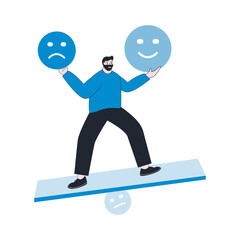 mindful calm man using her hand to balance smile and sad face. Emotional intelligence, balance emotion control  concept.