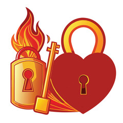 Fire Lock and Heart Key Icon Vector Illustration on White Background


