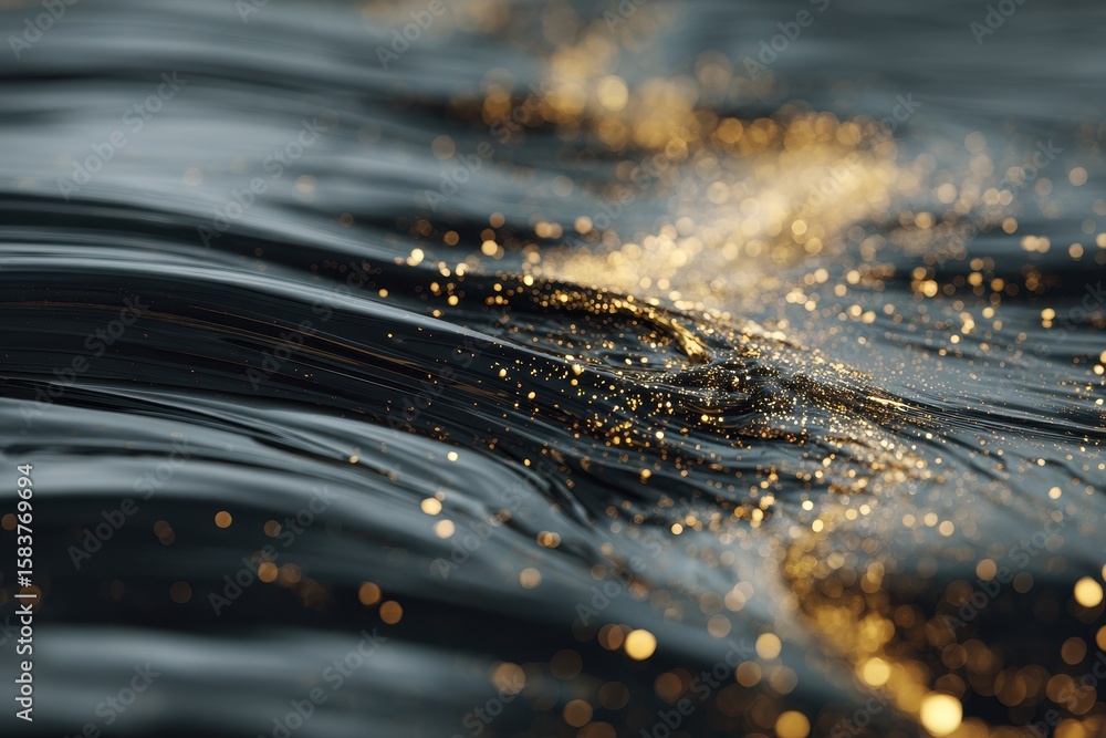 Poster reflective black liquid surface with shimmering gold accents creating a mesmerizing abstract pattern