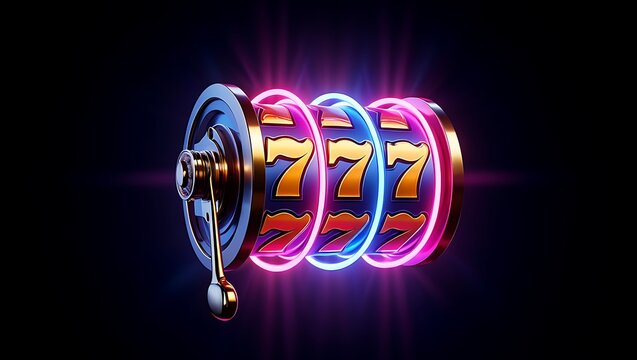 Experience the Thrill of Spinning Lucky Sevens on a Digital Slot Machine with Vibrant Neon Lights and a Realistic Handle
