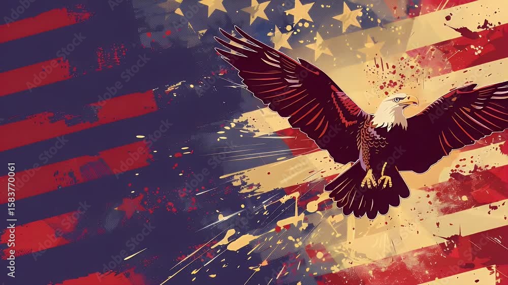 Poster patriotic digital art featuring a bird in flight against a backdrop of a flag with abstract paint sp